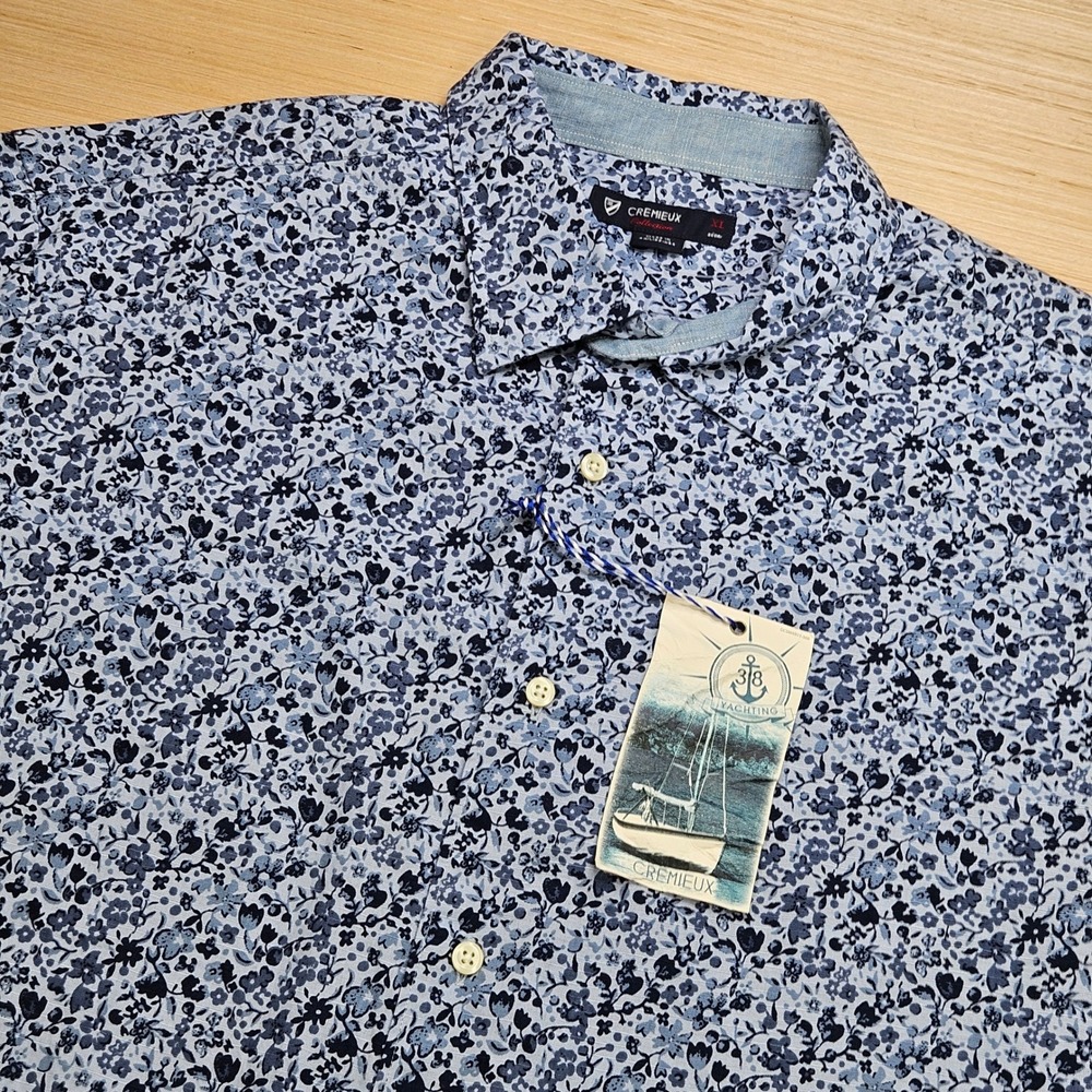 Cremieux Floral Button Down Men XL Blue Short Sleeve Cotton Lightweight NEW